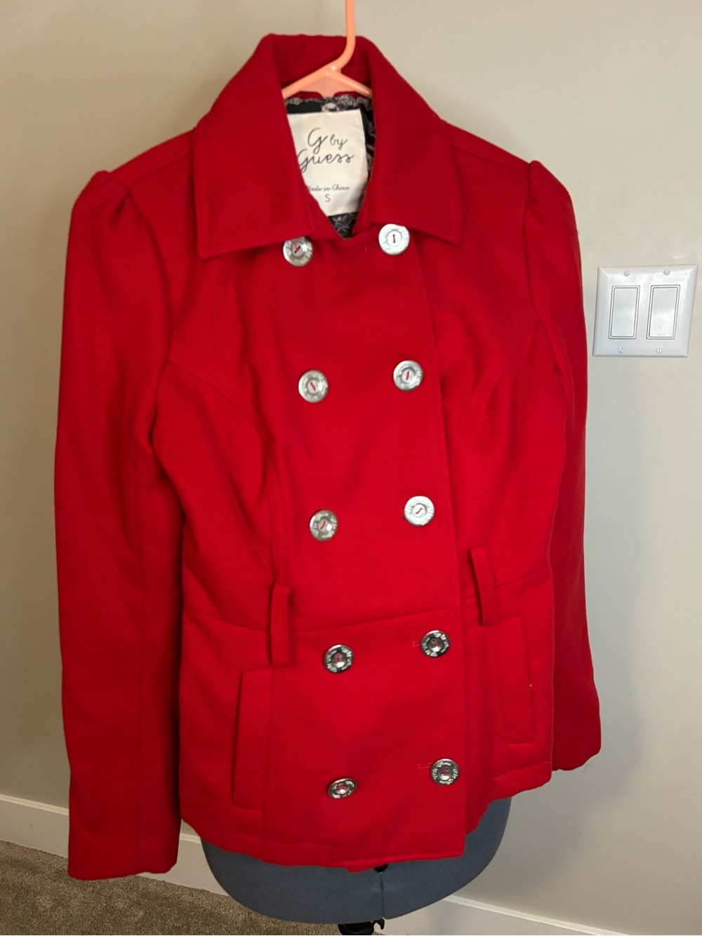 G by Guess Bright Red Double-Breasted Peacoat with Silver Buttons